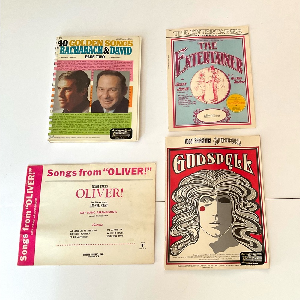 Vintage vocal piano books sheet music Bacharach, Godspell, Oliver, Joplin
